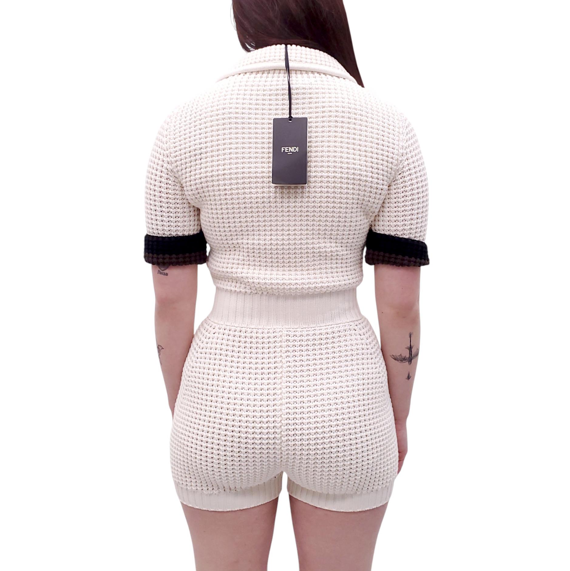 FENDI CREAM KNIT ROMPER WITH BLACK SLEEVE DETAIL - SIZE 36