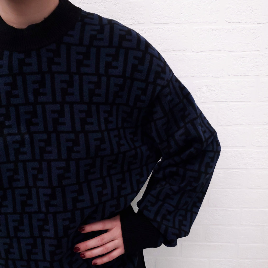 FENDI LOGO BLUE AND BLACK KNIT SWEATER - SIZE 38