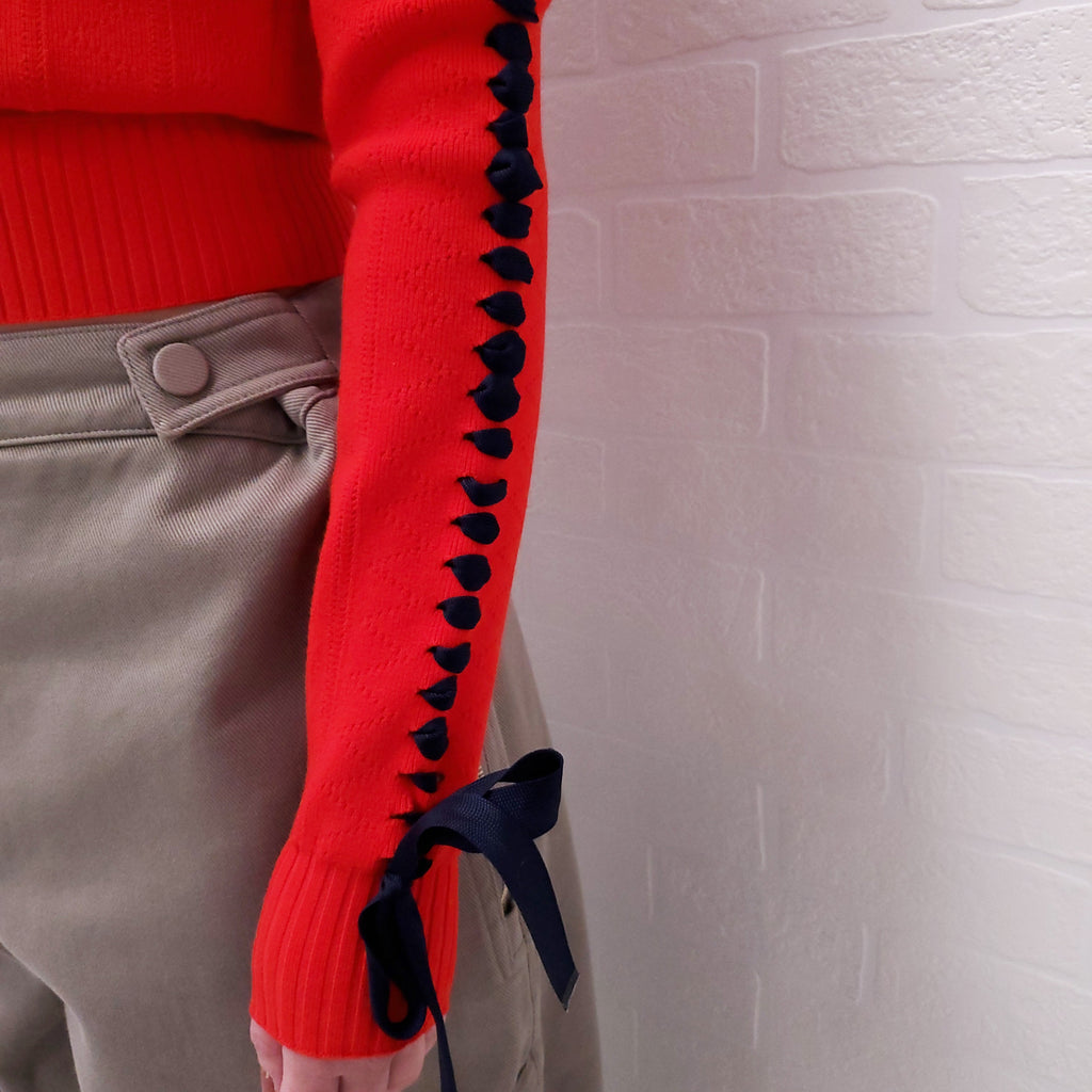 FENDI RED AND NAVY CROPPED SWEATER WITH RIBBON DETAIL - SIZE 36