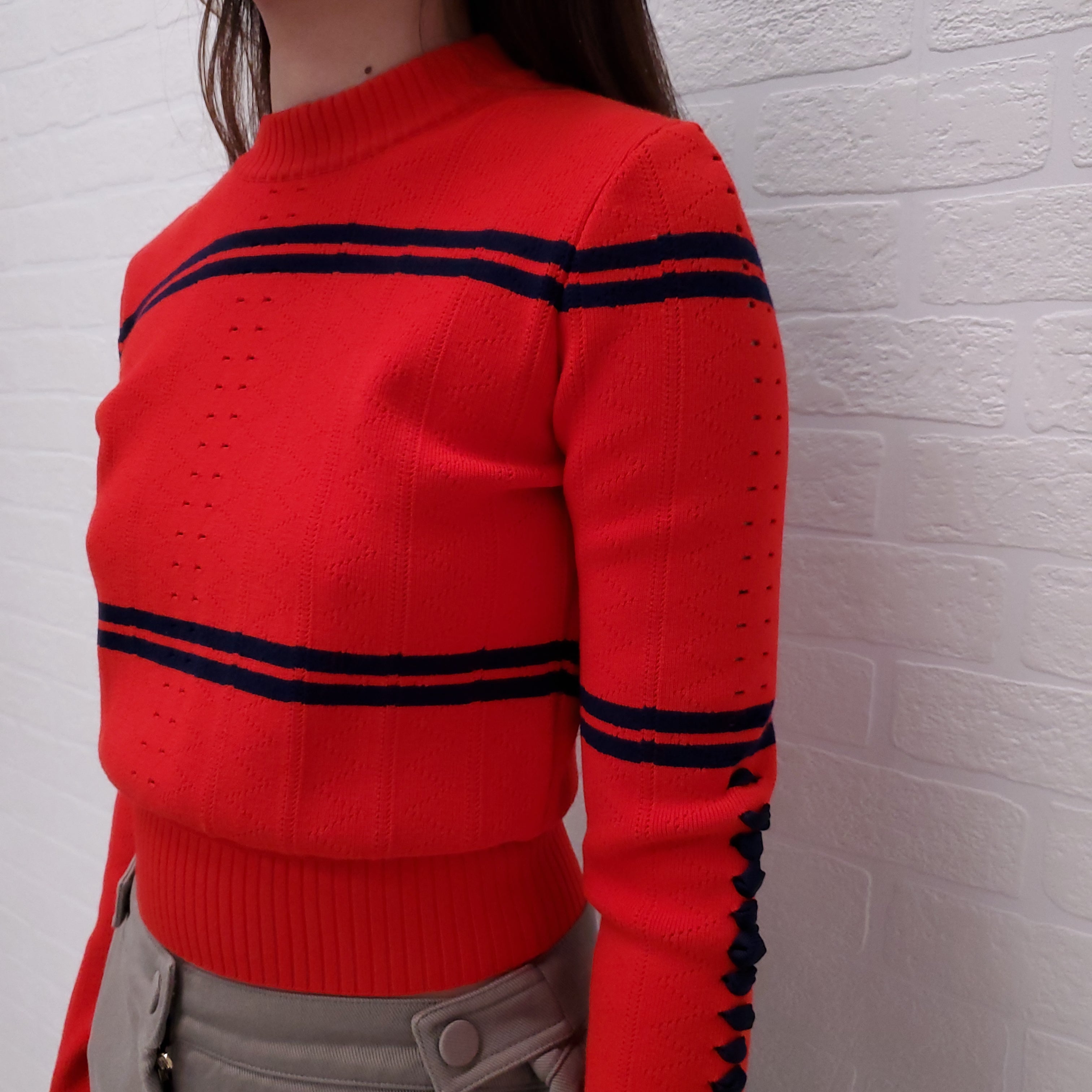 FENDI RED AND NAVY CROPPED SWEATER WITH RIBBON DETAIL - SIZE 36
