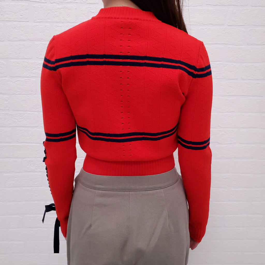 FENDI RED AND NAVY CROPPED SWEATER WITH RIBBON DETAIL - SIZE 36