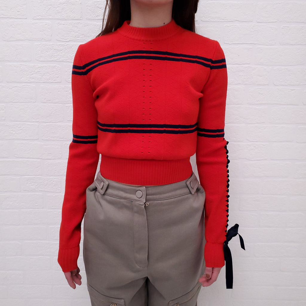 FENDI RED AND NAVY CROPPED SWEATER WITH RIBBON DETAIL - SIZE 36