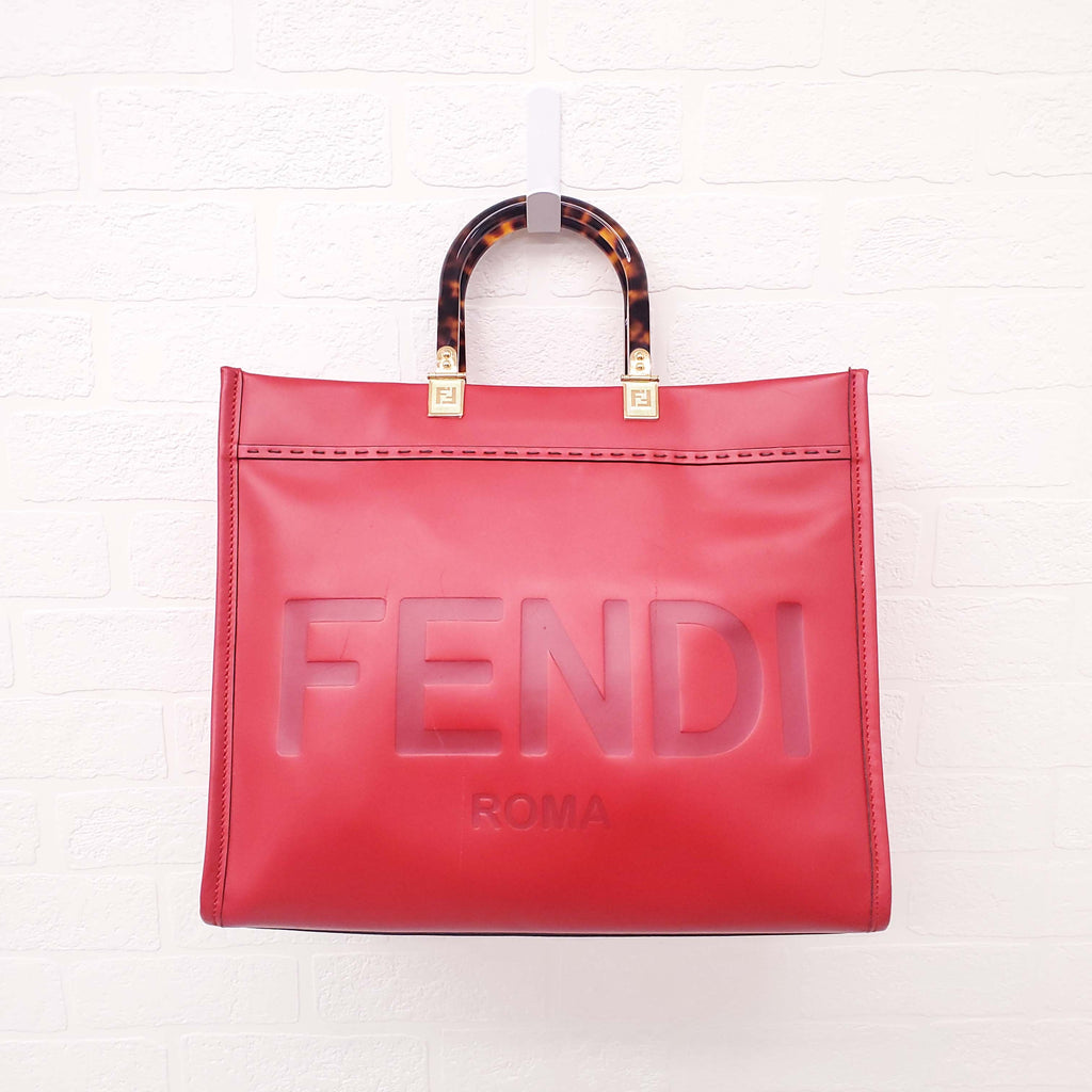 FENDI RED LEATHER 'LARGE SUNSHINE SHOPPER' LOGO TOTE