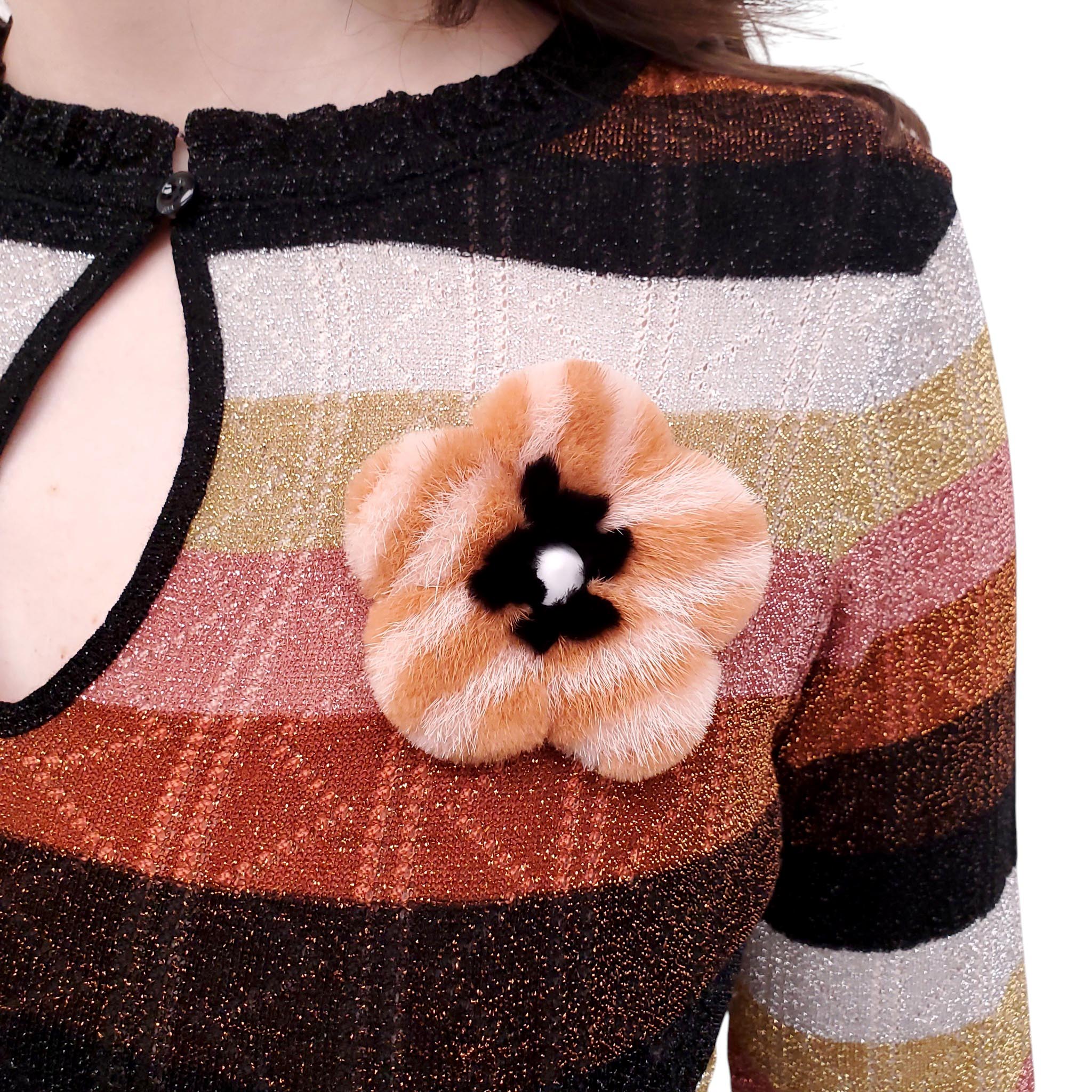 FENDI STRIPED KNIT DRESS WITH MINK FLOWER DETAIL - SIZE 42