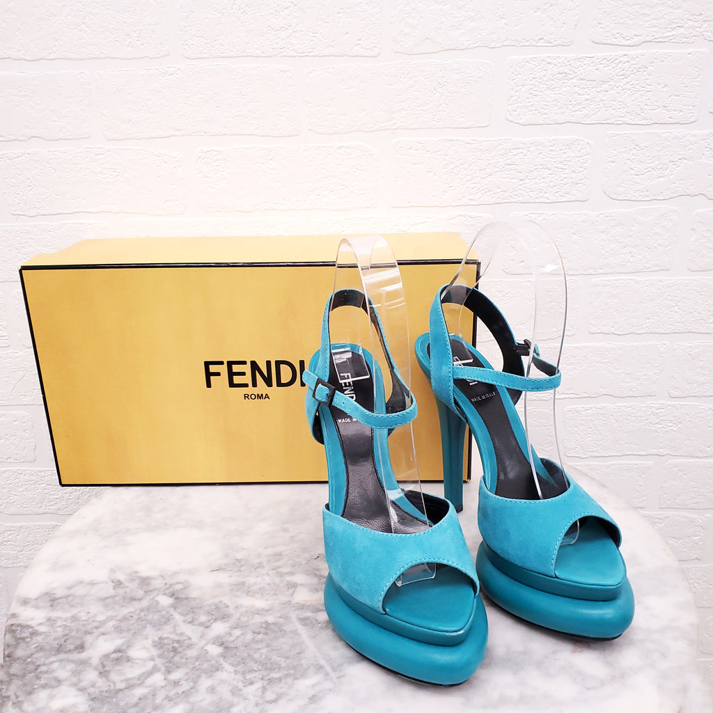 FENDI TURQUOISE SUEDE HEELS - SIZE 36.5