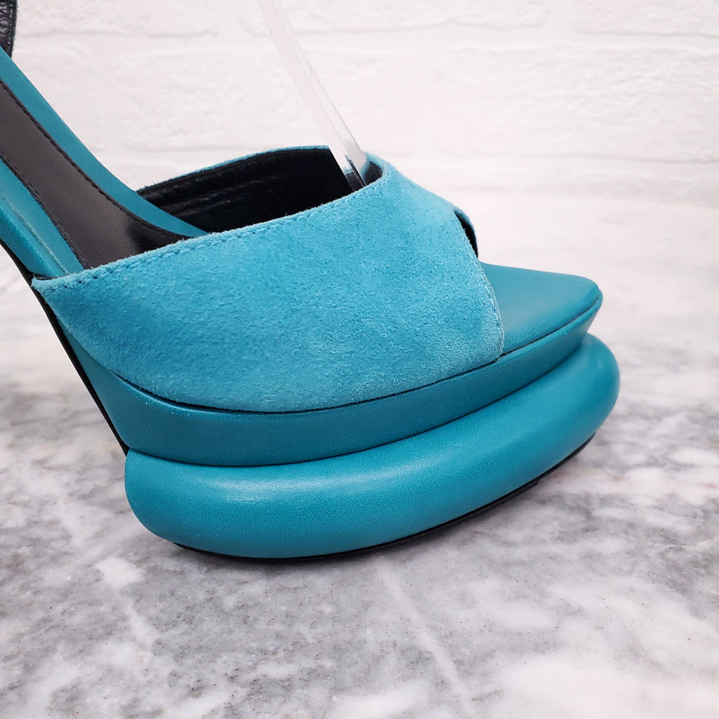 FENDI TURQUOISE SUEDE HEELS - SIZE 36.5