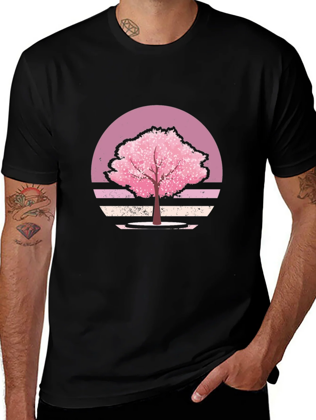 Cherry Blossom Sunset Black T-Shirt