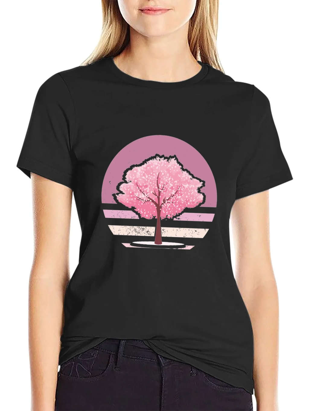 Cherry Blossom Sunset Black T-Shirt