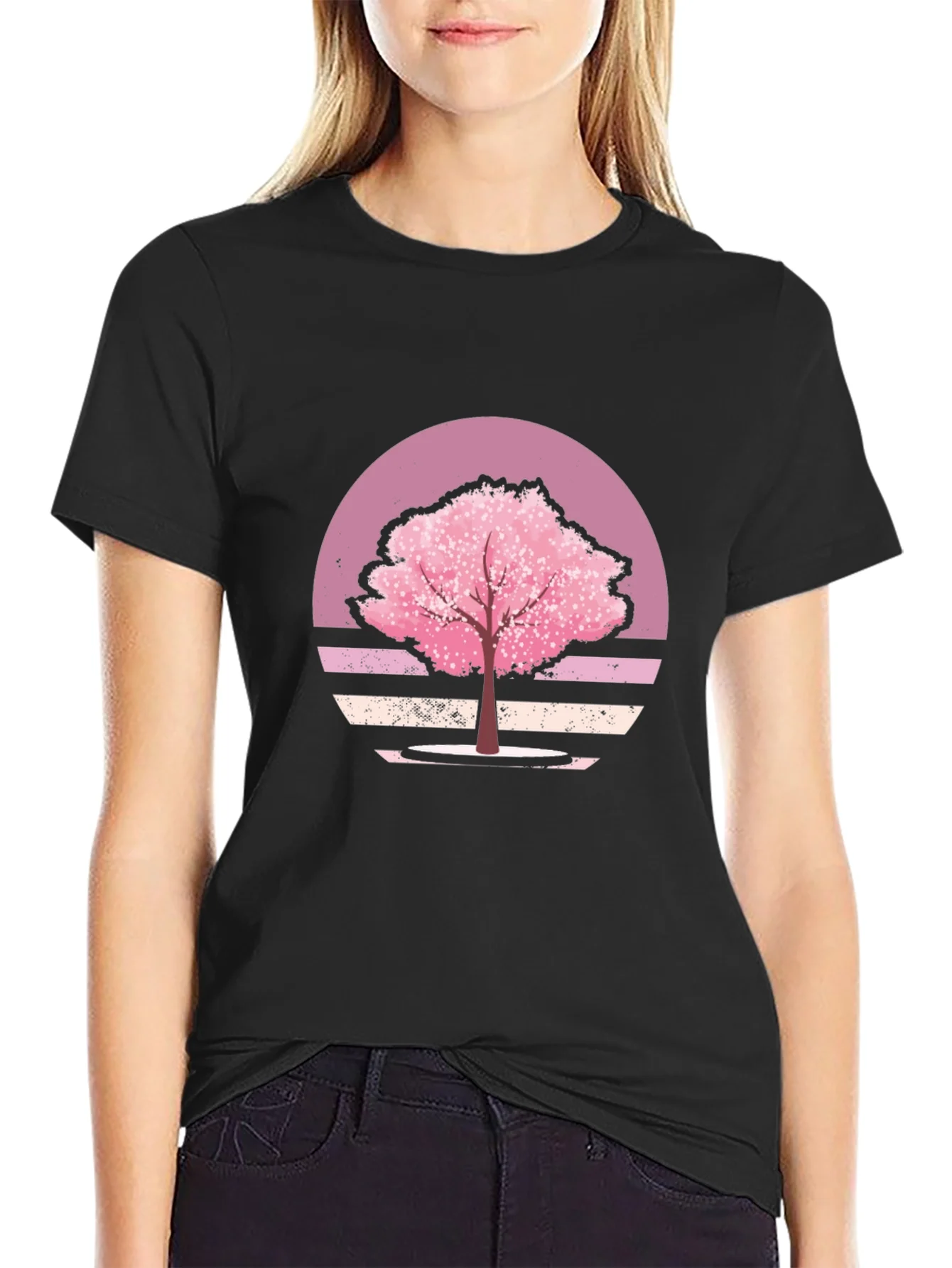 Cherry Blossom Sunset Black T-Shirt