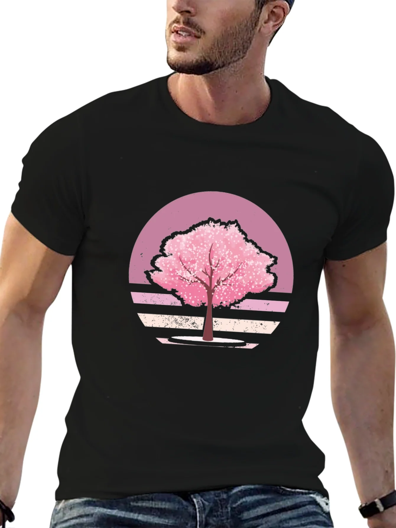 Cherry Blossom Sunset Black T-Shirt