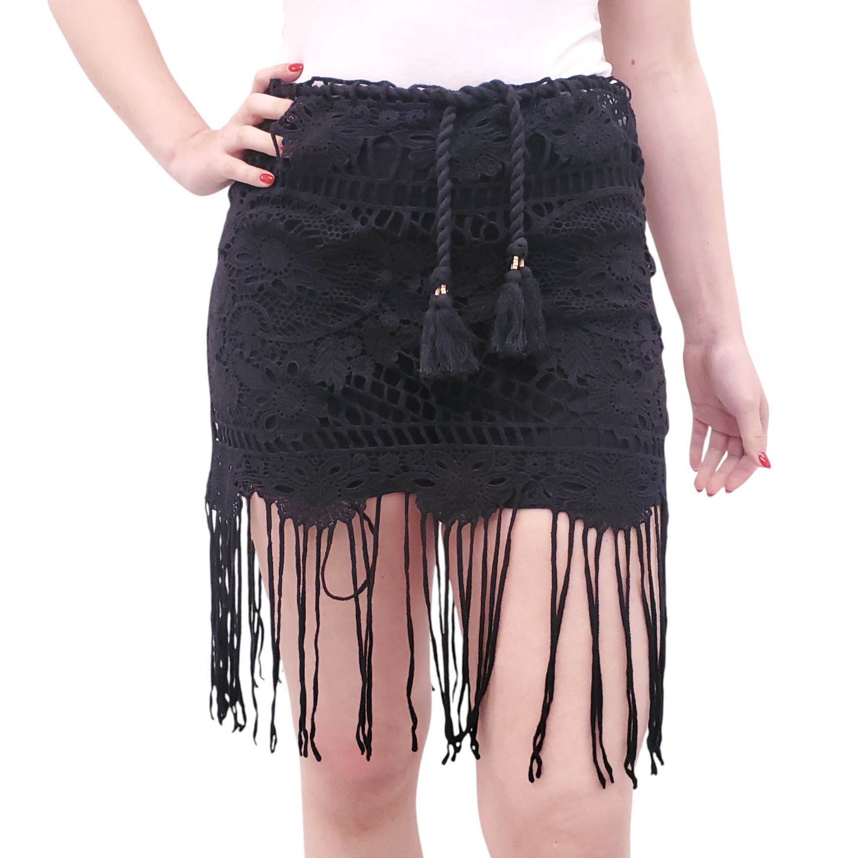 FOR LOVE & LEMONS BLACK LACE FRINGE COVER-UP SKIRT - SIZE XS