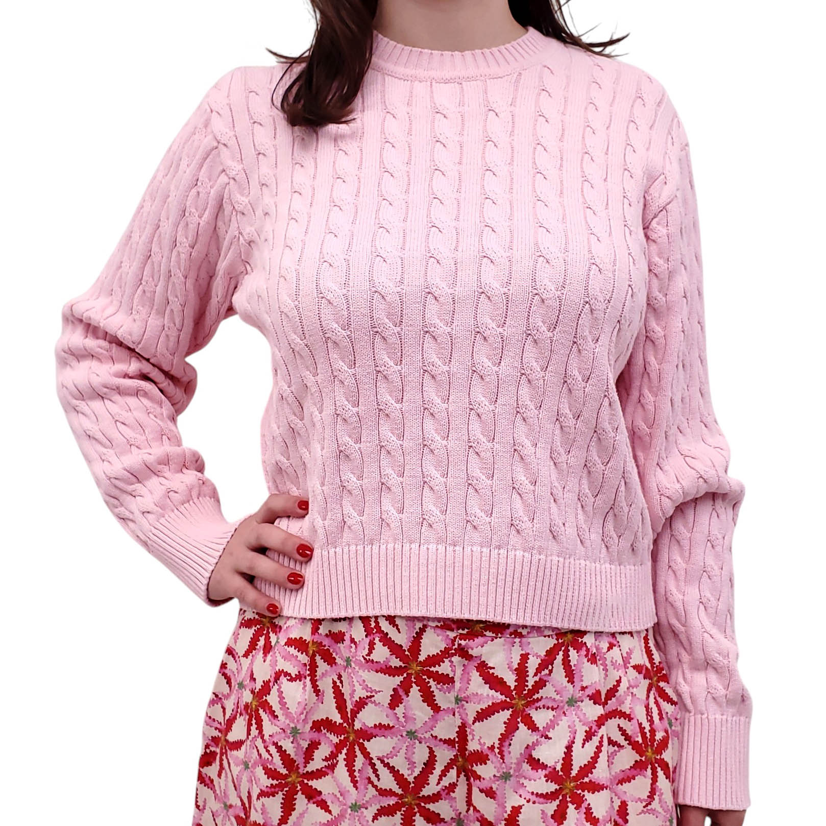 FRANKIES BIKINIS PINK COTTON VARSITY CABLE KNIT SWEATER - SIZE L