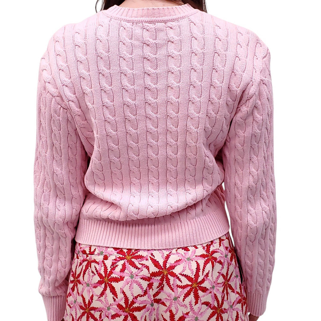 FRANKIES BIKINIS PINK COTTON VARSITY CABLE KNIT SWEATER - SIZE L