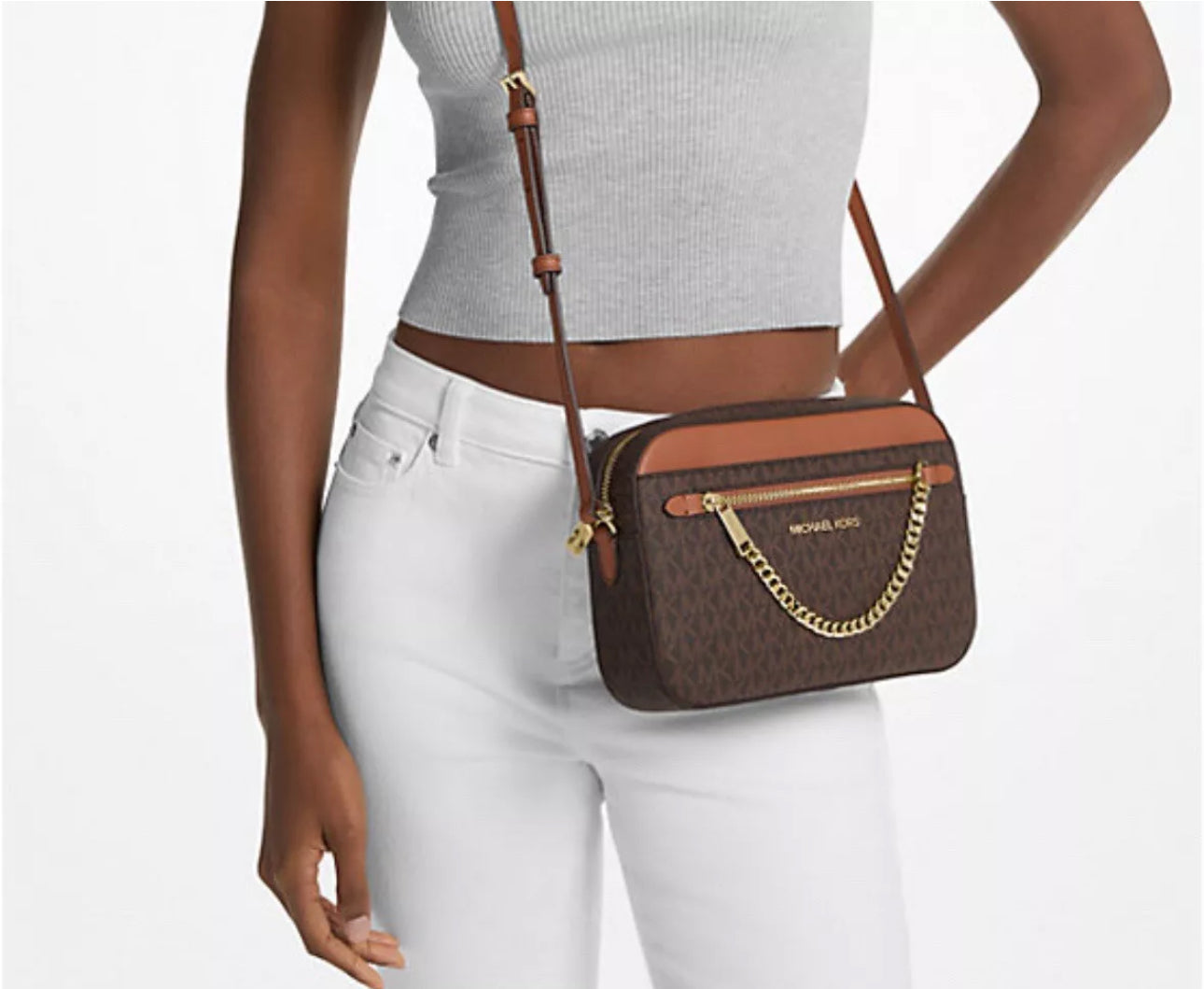 NWT Michael Kors Jet Set Large Logo Crossbody Bag with Zip Chain