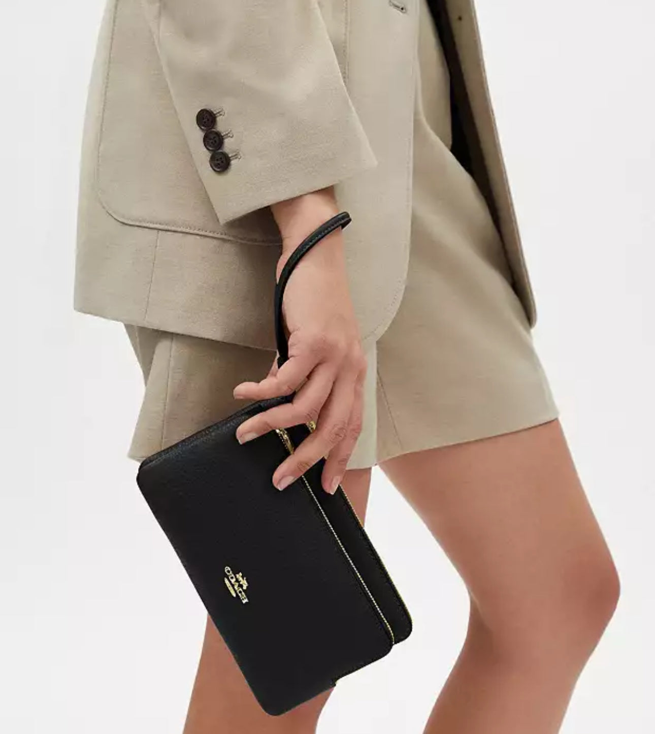 NWT Coach Leather Double Zip Large Wristlet Wallet In Gold/Black