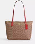 NWT Coach Fiona Zip Tote In Signature Canvas In Tan/Carnation