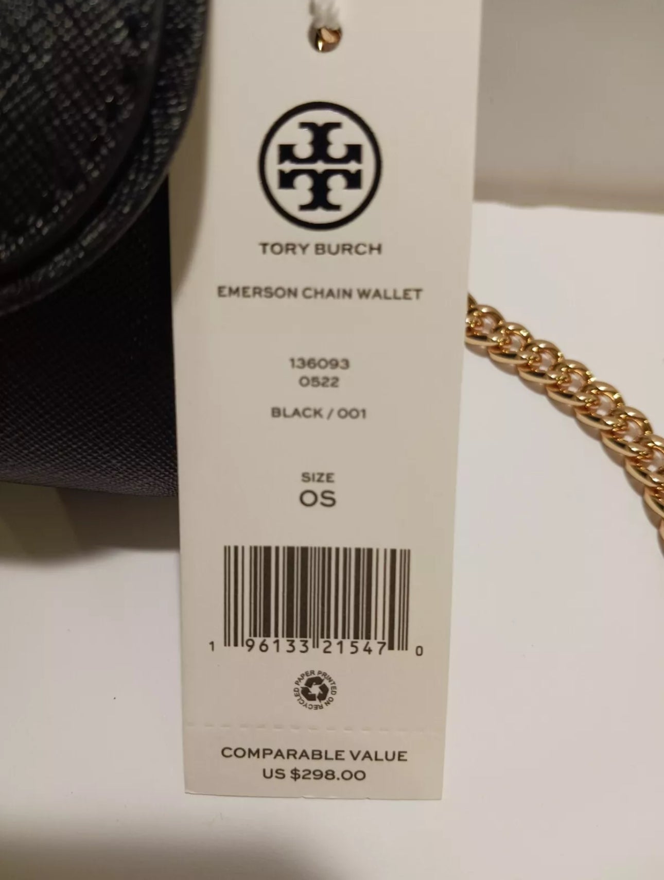NWT Tory Burch Emerson Chain Wallet/Crossbody Bag Saffiano Leather Black