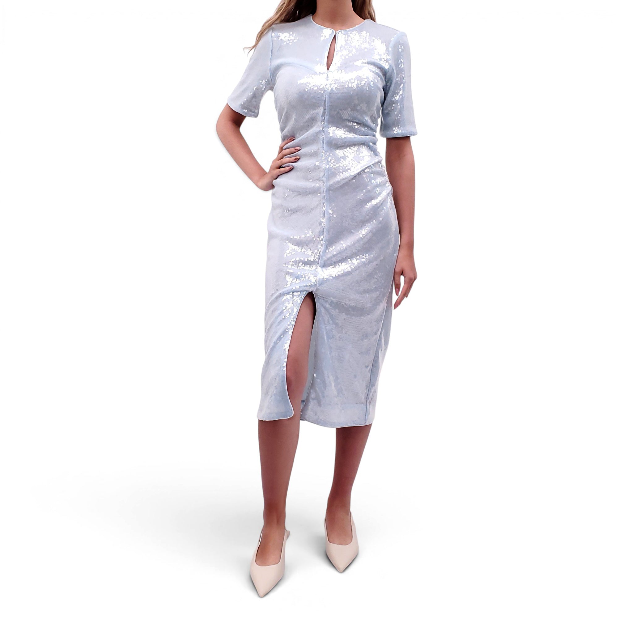 GANNI BLUE SEQUIN V-NECK MIDI DRESS - SIZE 42