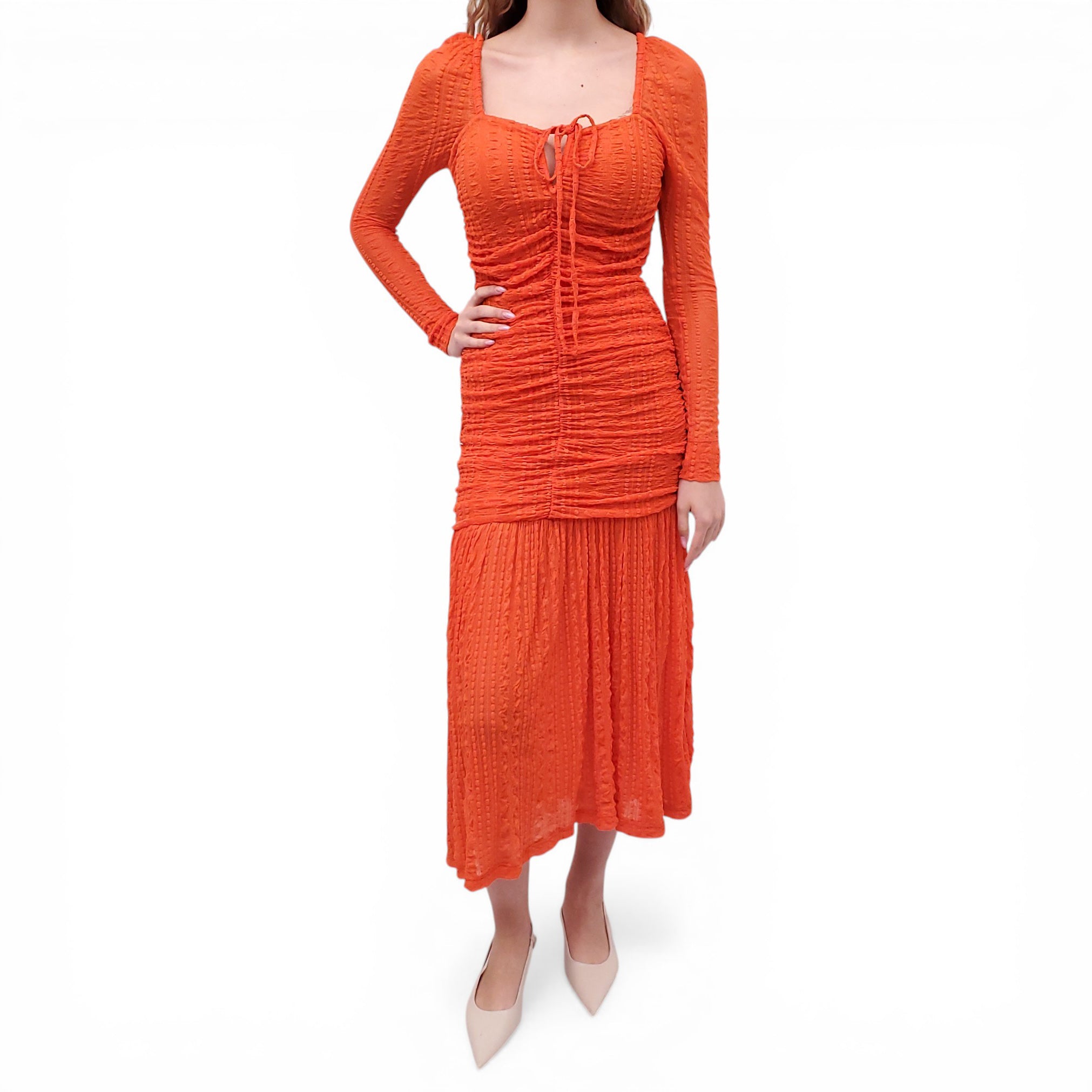 GANNI NEON ORANGE RUCHED LONG DRESS - SIZE 6