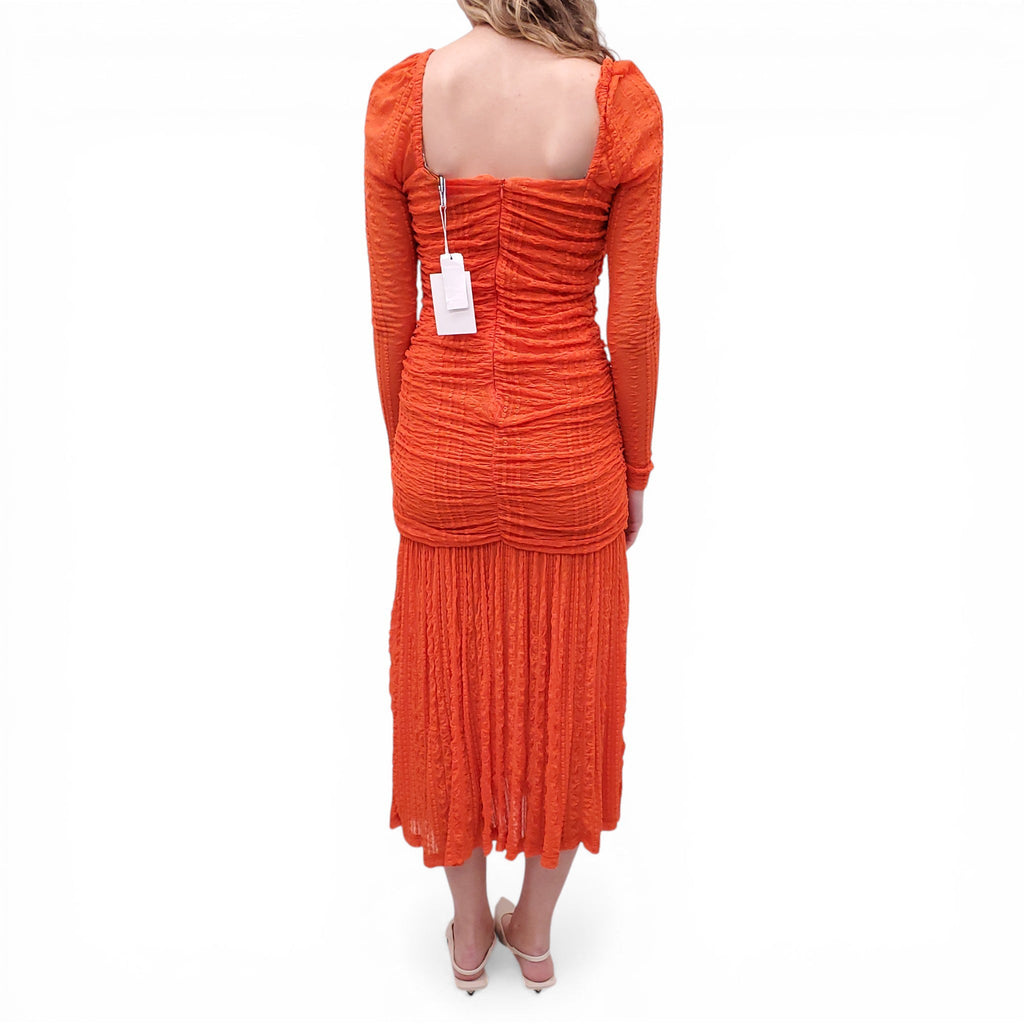 GANNI NEON ORANGE RUCHED LONG DRESS - SIZE 6