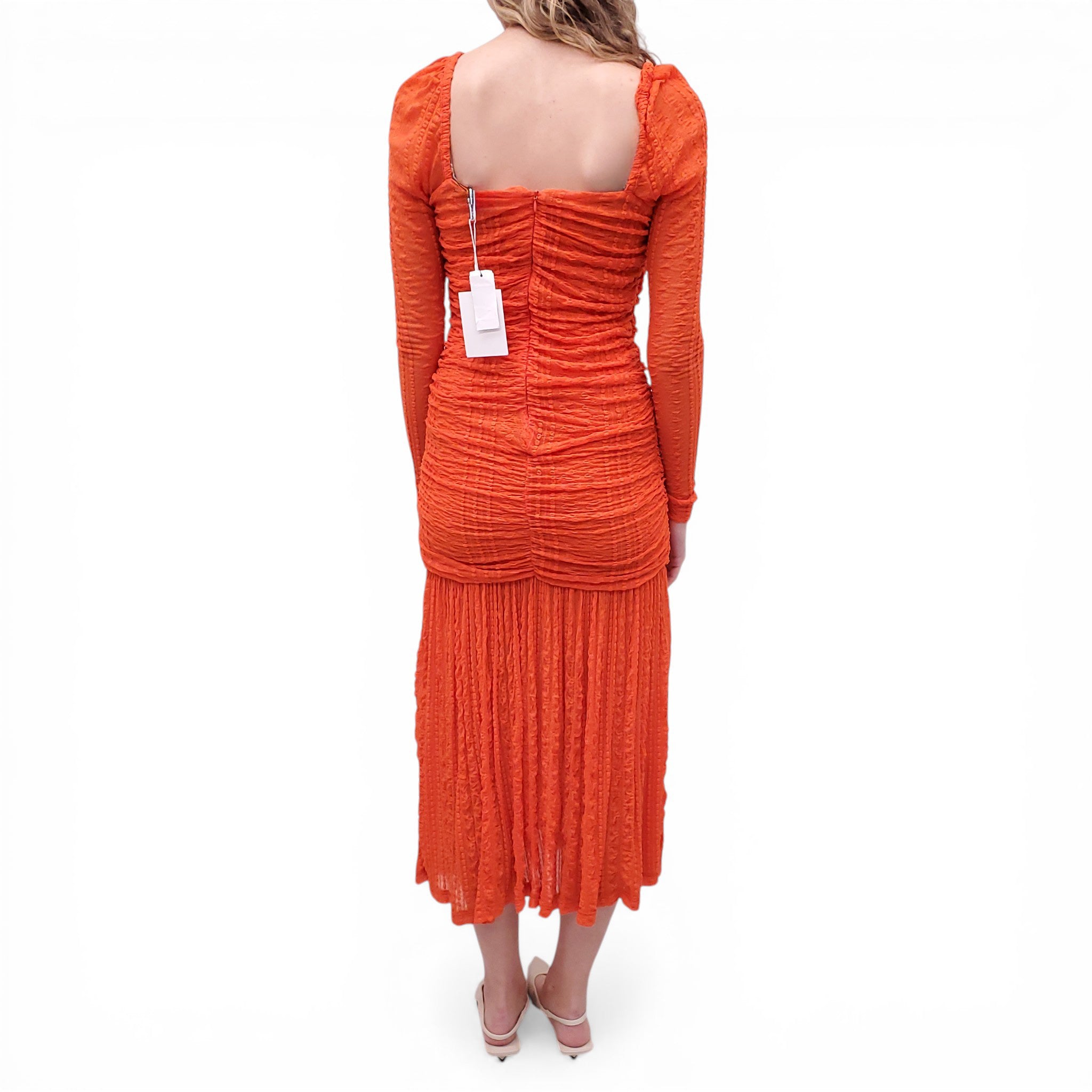 GANNI NEON ORANGE RUCHED LONG DRESS - SIZE 6