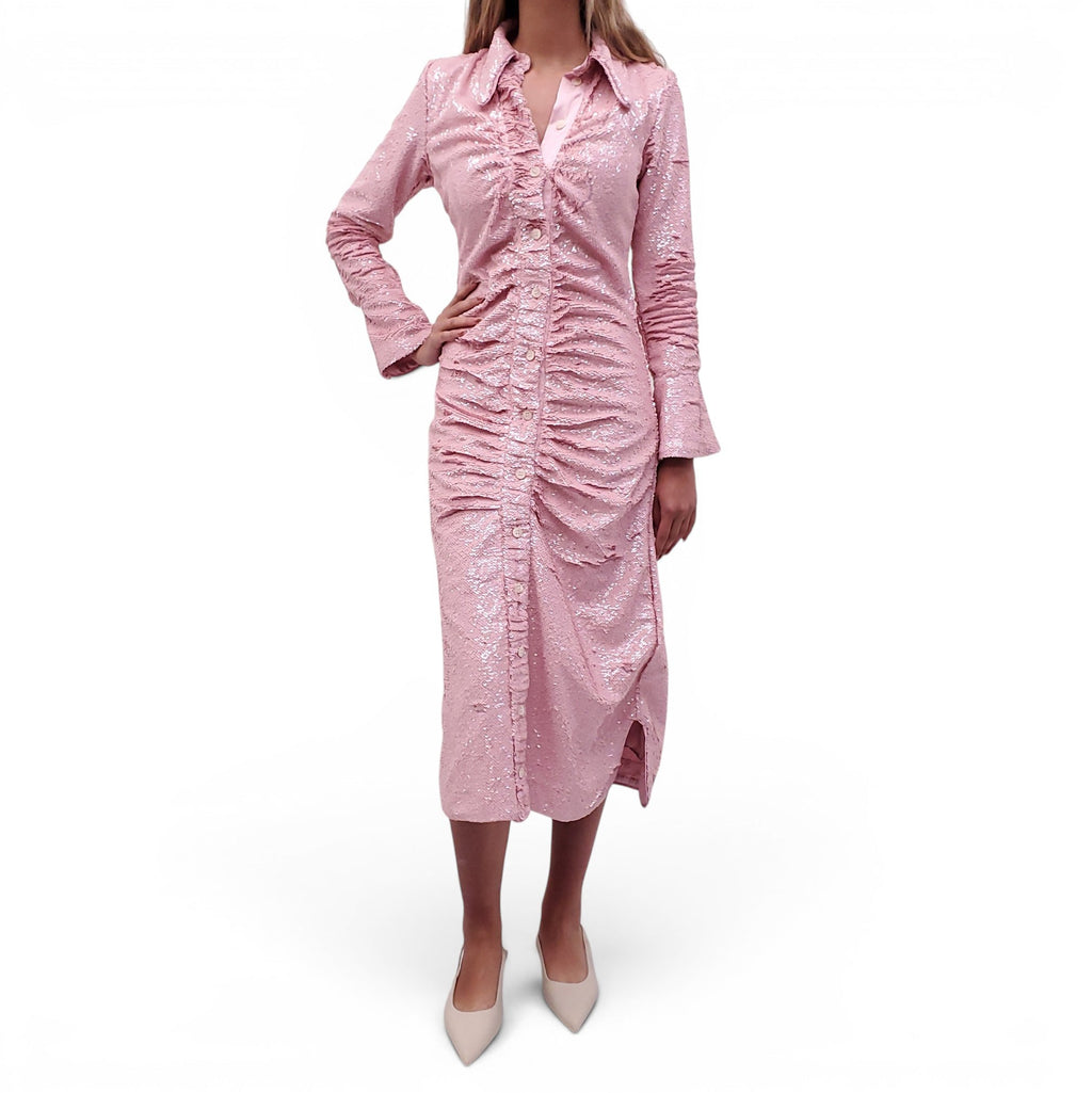GANNI PINK SEQUIN BUTTON-UP MIDI DRESS - SIZE 34