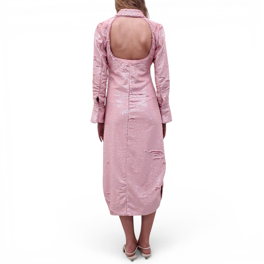 GANNI PINK SEQUIN BUTTON-UP MIDI DRESS - SIZE 34