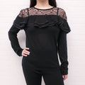 GIAMBATTISTA VALLI BLACK KNIT SWEATER WITH LACE AND RUFFLE DETAIL - SIZE 46