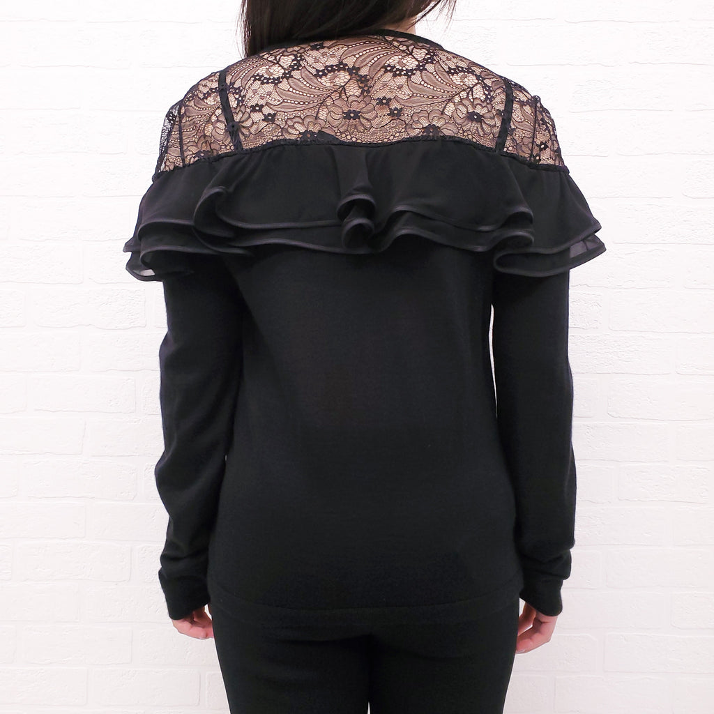 GIAMBATTISTA VALLI BLACK KNIT SWEATER WITH LACE AND RUFFLE DETAIL - SIZE 46