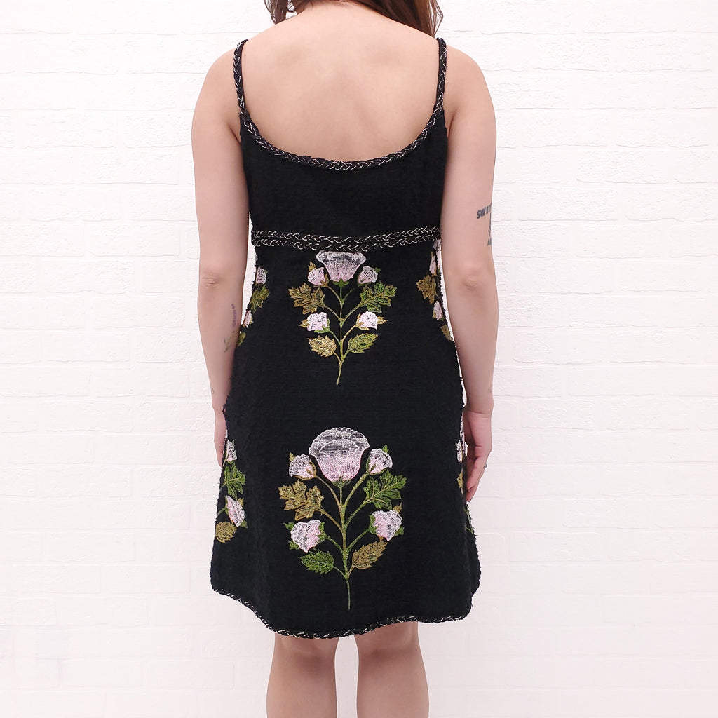 GIAMBATTISTA VALLI BLACK TWEED DRESS WITH FLORAL EMBROIDERY - SIZE 42