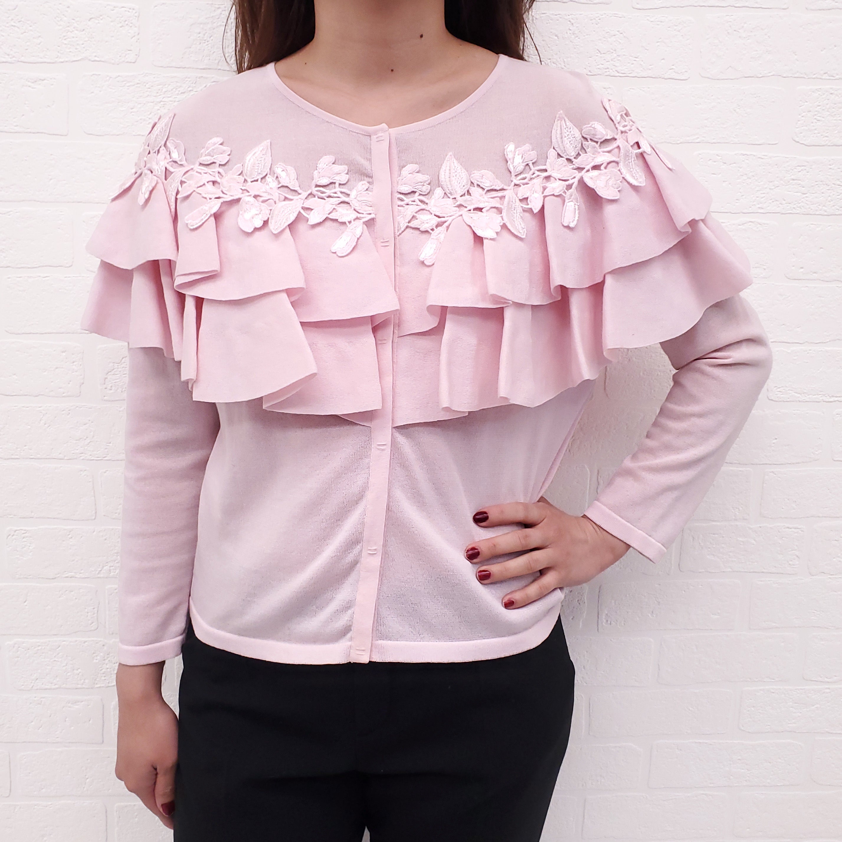 GIAMBATTISTA VALLI PINK RUFFLE SWEATER WITH FLORAL LACE - SIZE S