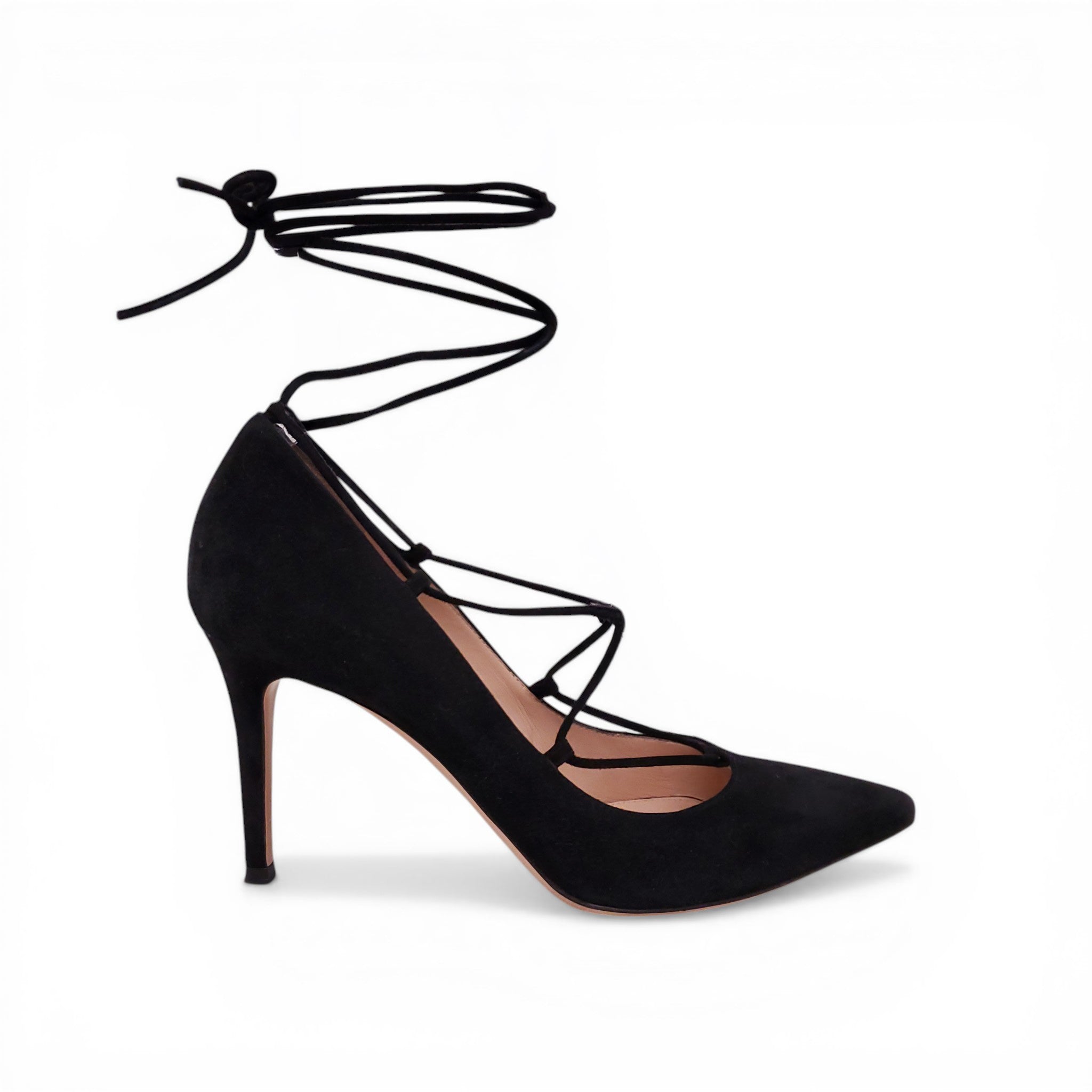 GIANVITO ROSSI BLACK LACE UP POINTED TOE HEELS - SIZE 38.5