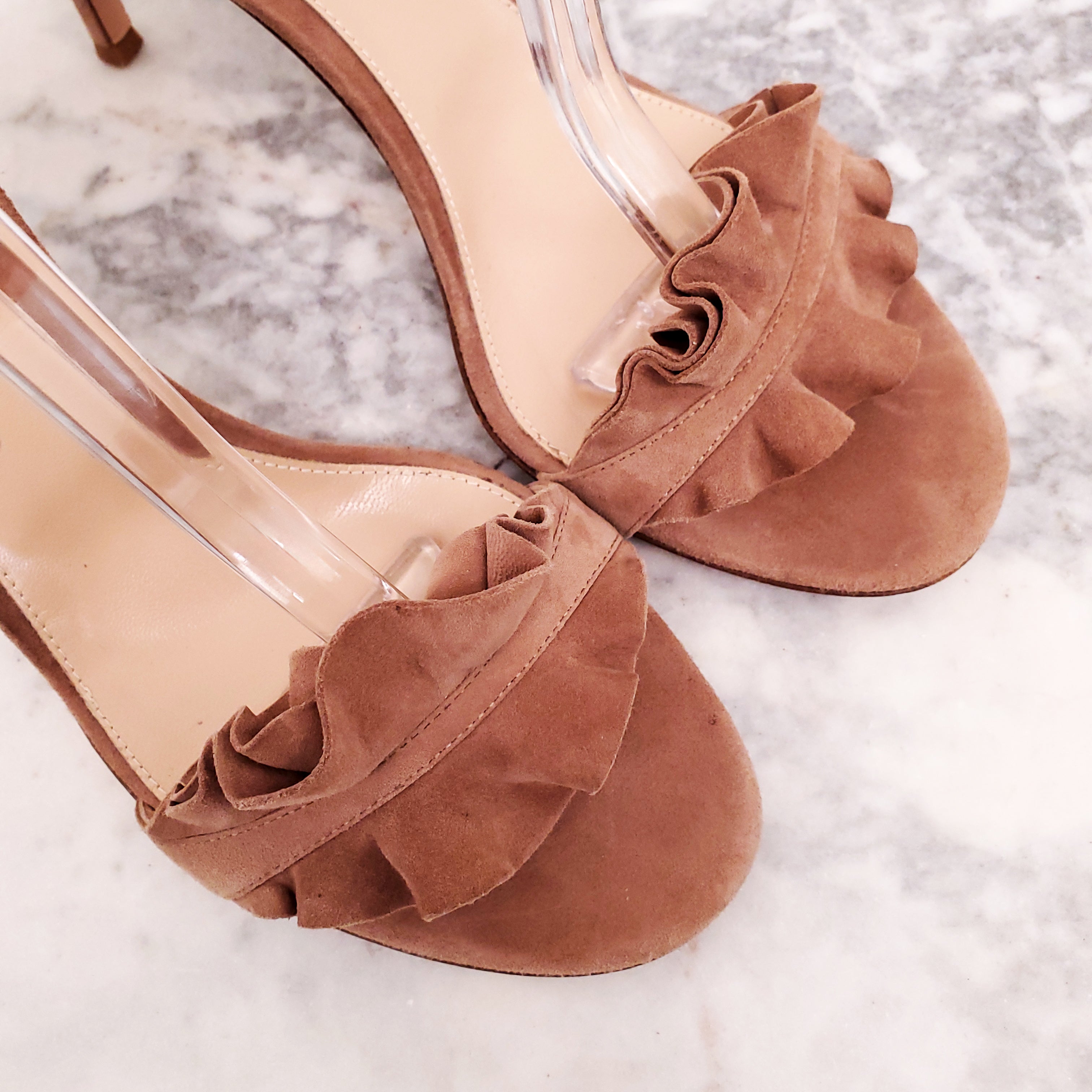 GIANVITO ROSSI BLUSH PINK SUEDE FRILL SANDALS - SIZE 40.5