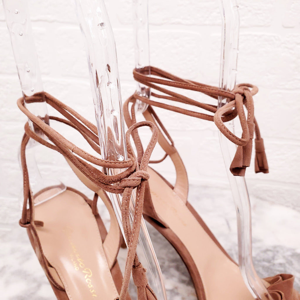 GIANVITO ROSSI BLUSH PINK SUEDE FRILL SANDALS - SIZE 40.5