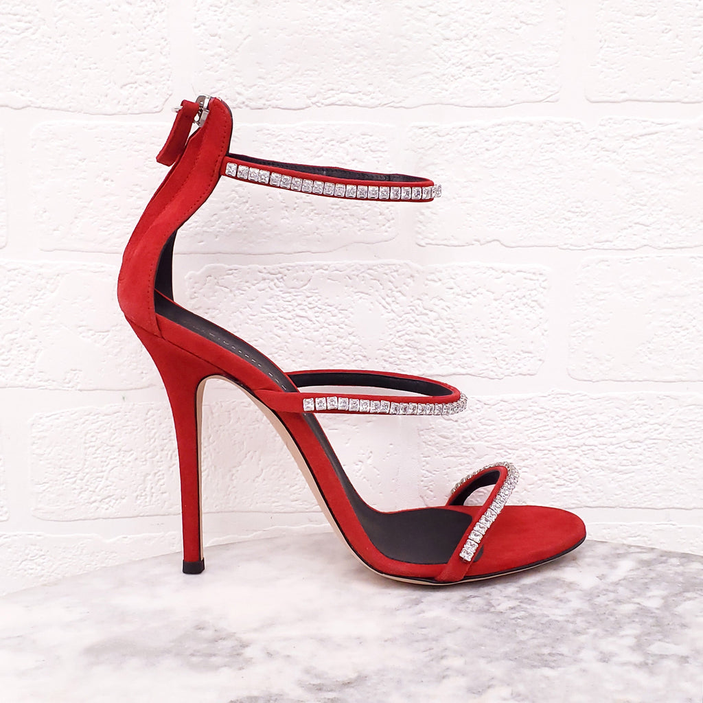 GIUSEPPE ZANOTTI RED SUEDE CRYSTAL HEELS - SIZE 37