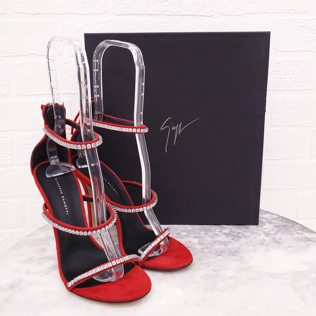 GIUSEPPE ZANOTTI RED SUEDE CRYSTAL HEELS - SIZE 37