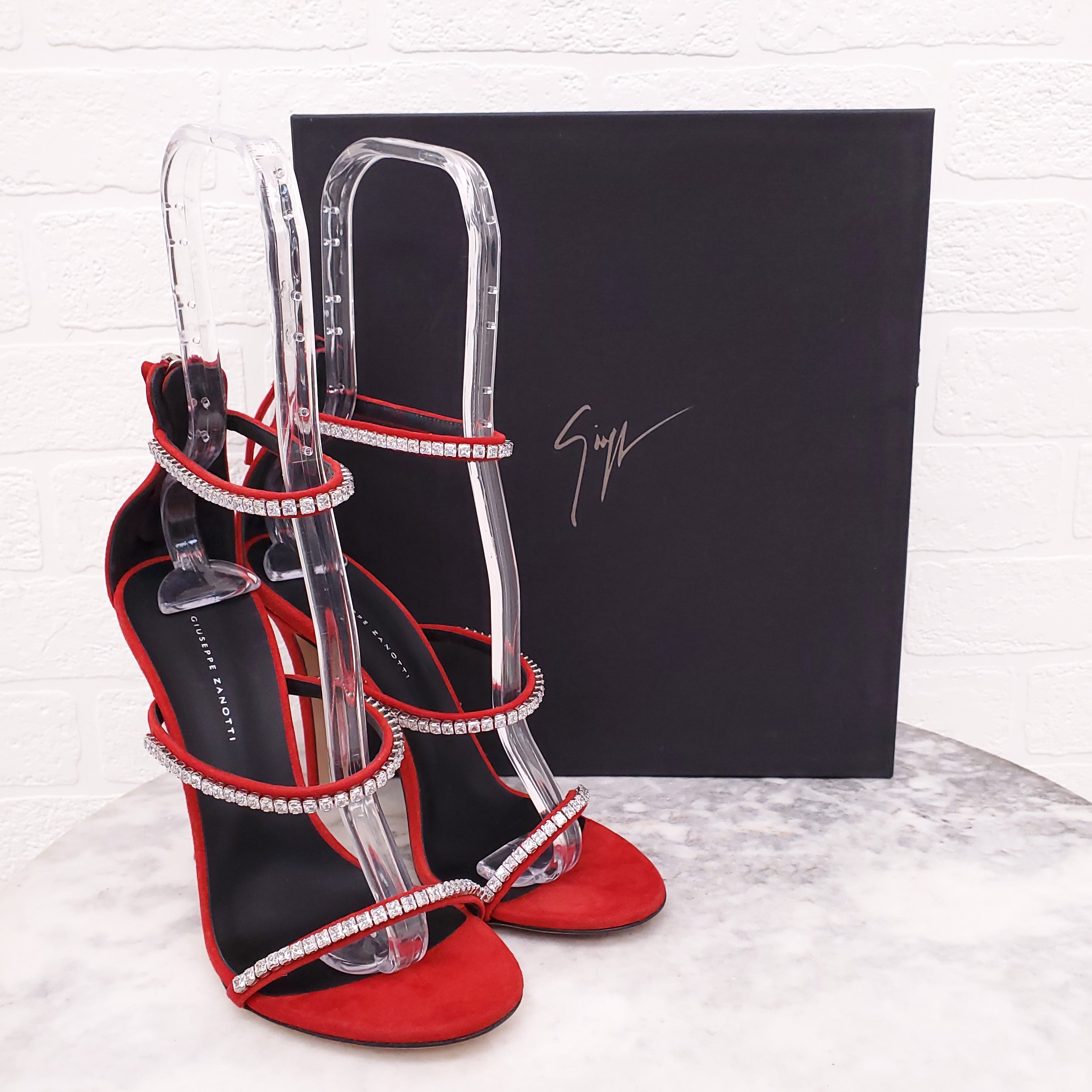 GIUSEPPE ZANOTTI RED SUEDE CRYSTAL HEELS - SIZE 37