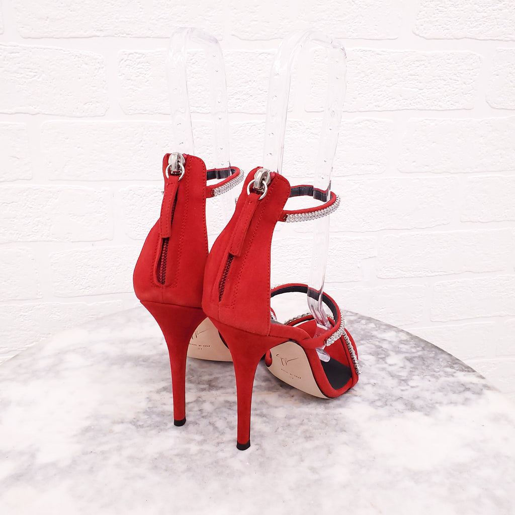 GIUSEPPE ZANOTTI RED SUEDE CRYSTAL HEELS - SIZE 37