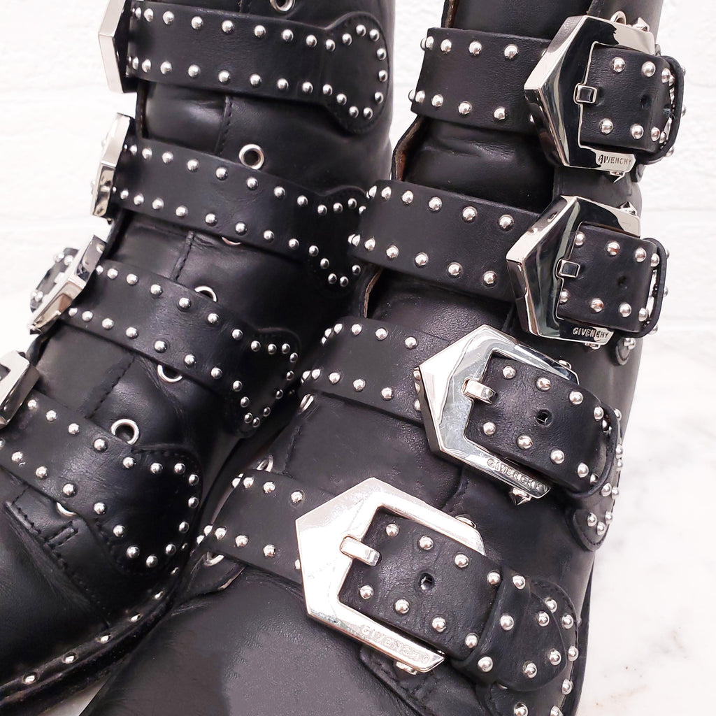 GIVENCHY BLACK STUDDED BUCKLE BOOTS - SIZE 35.5