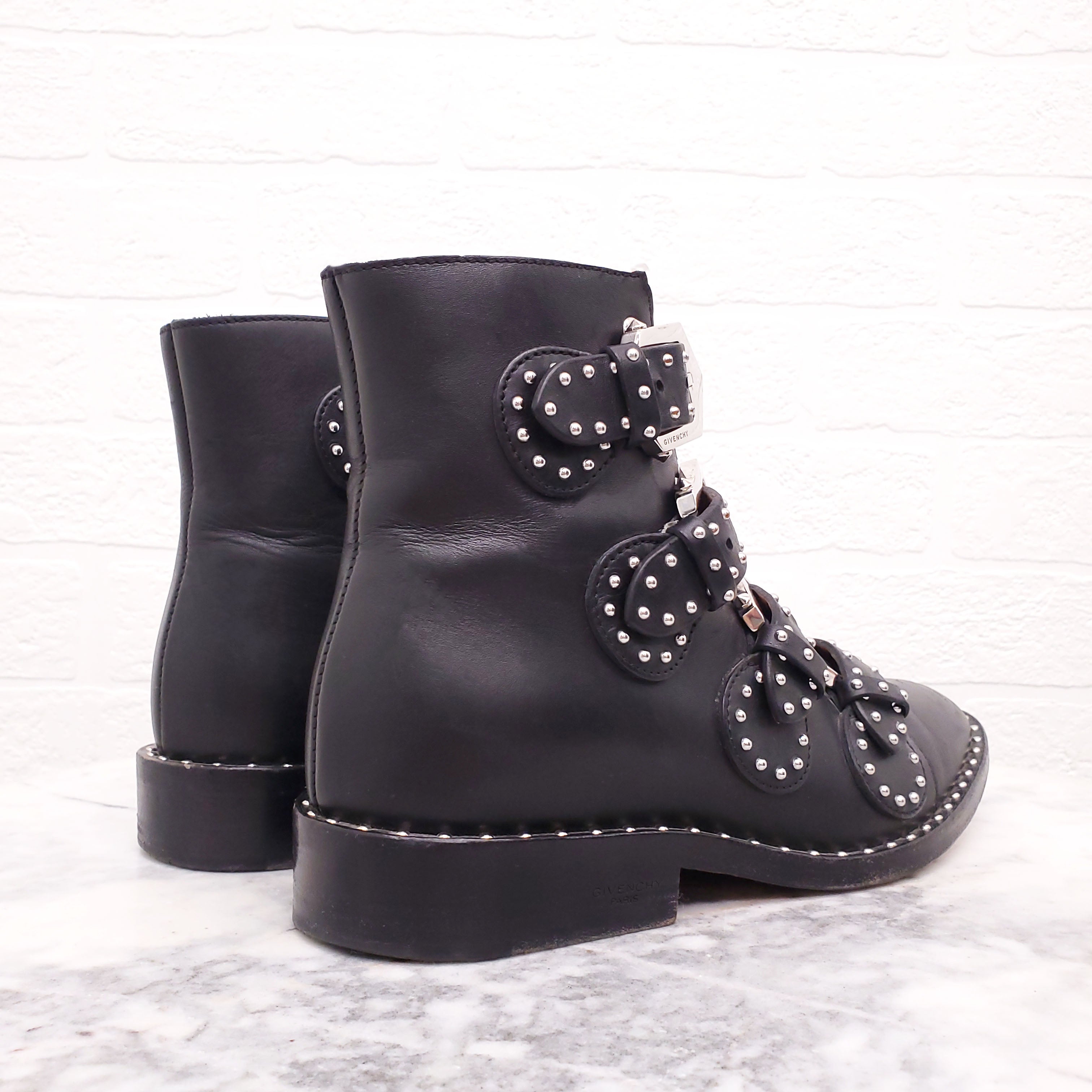 GIVENCHY BLACK STUDDED BUCKLE BOOTS - SIZE 35.5