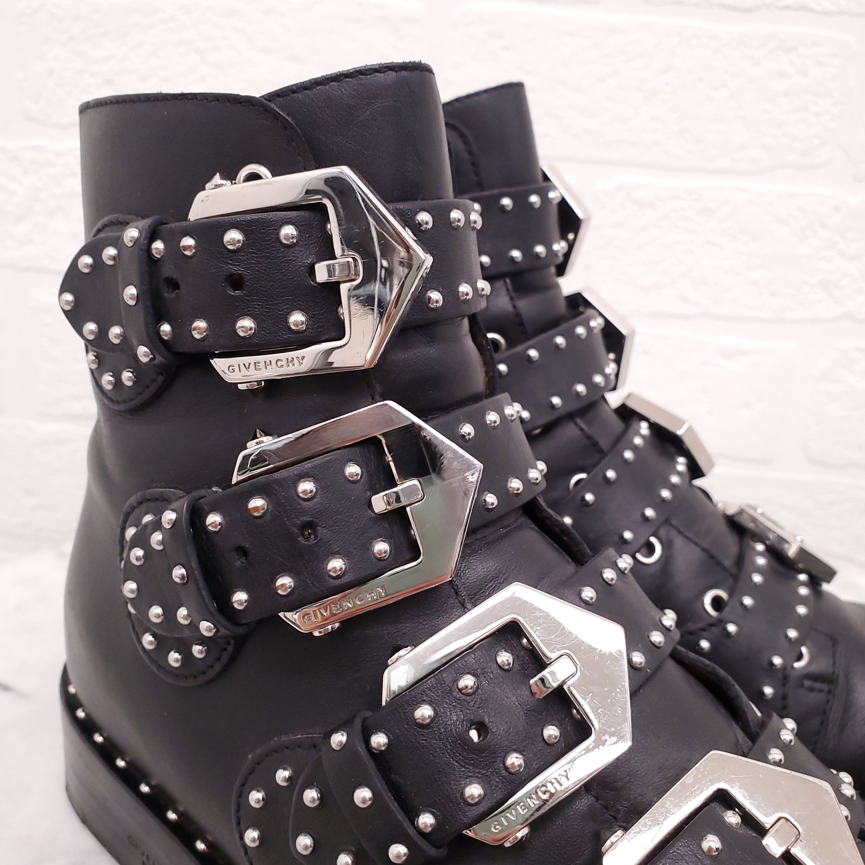 GIVENCHY BLACK STUDDED BUCKLE BOOTS - SIZE 35.5