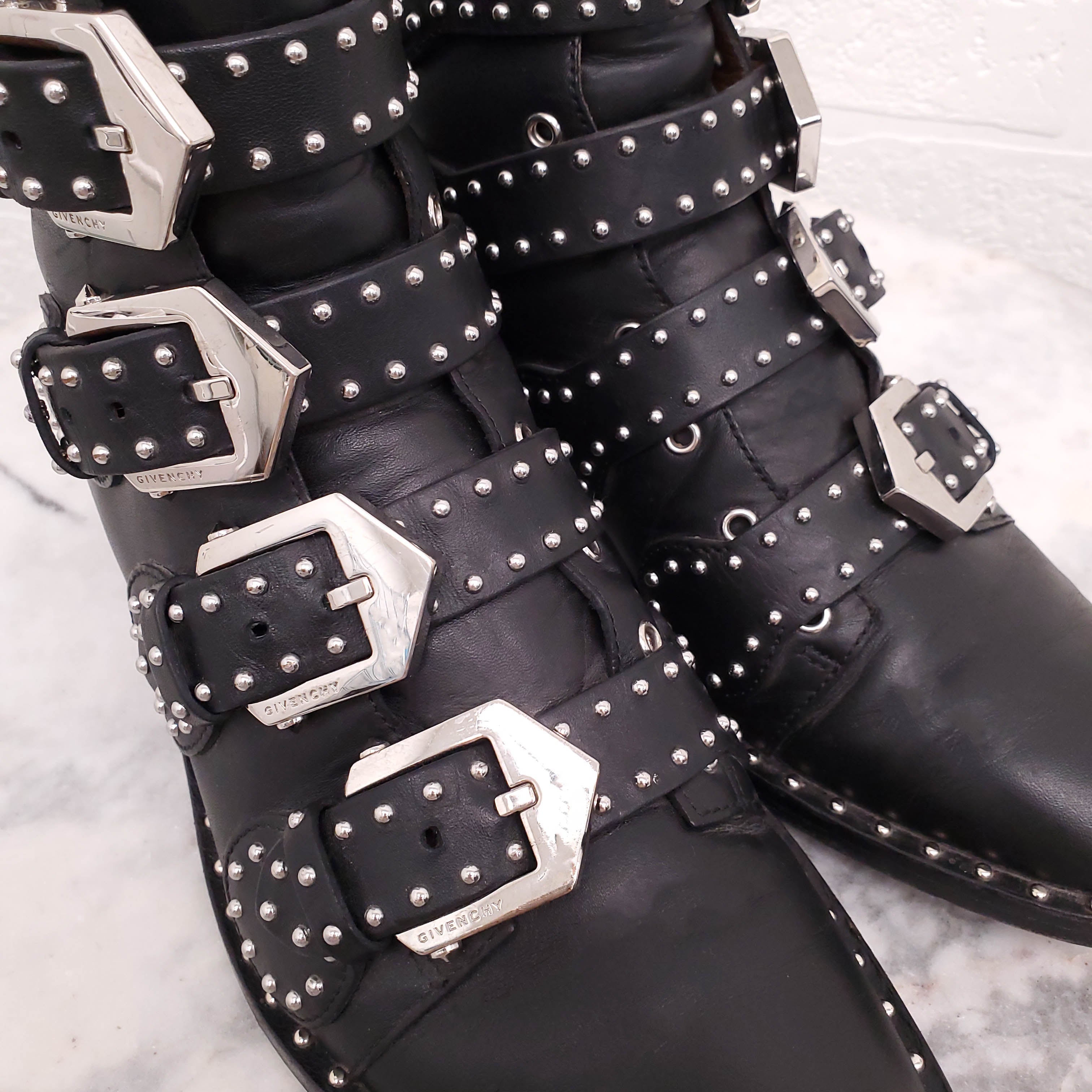 GIVENCHY BLACK STUDDED BUCKLE BOOTS - SIZE 35.5