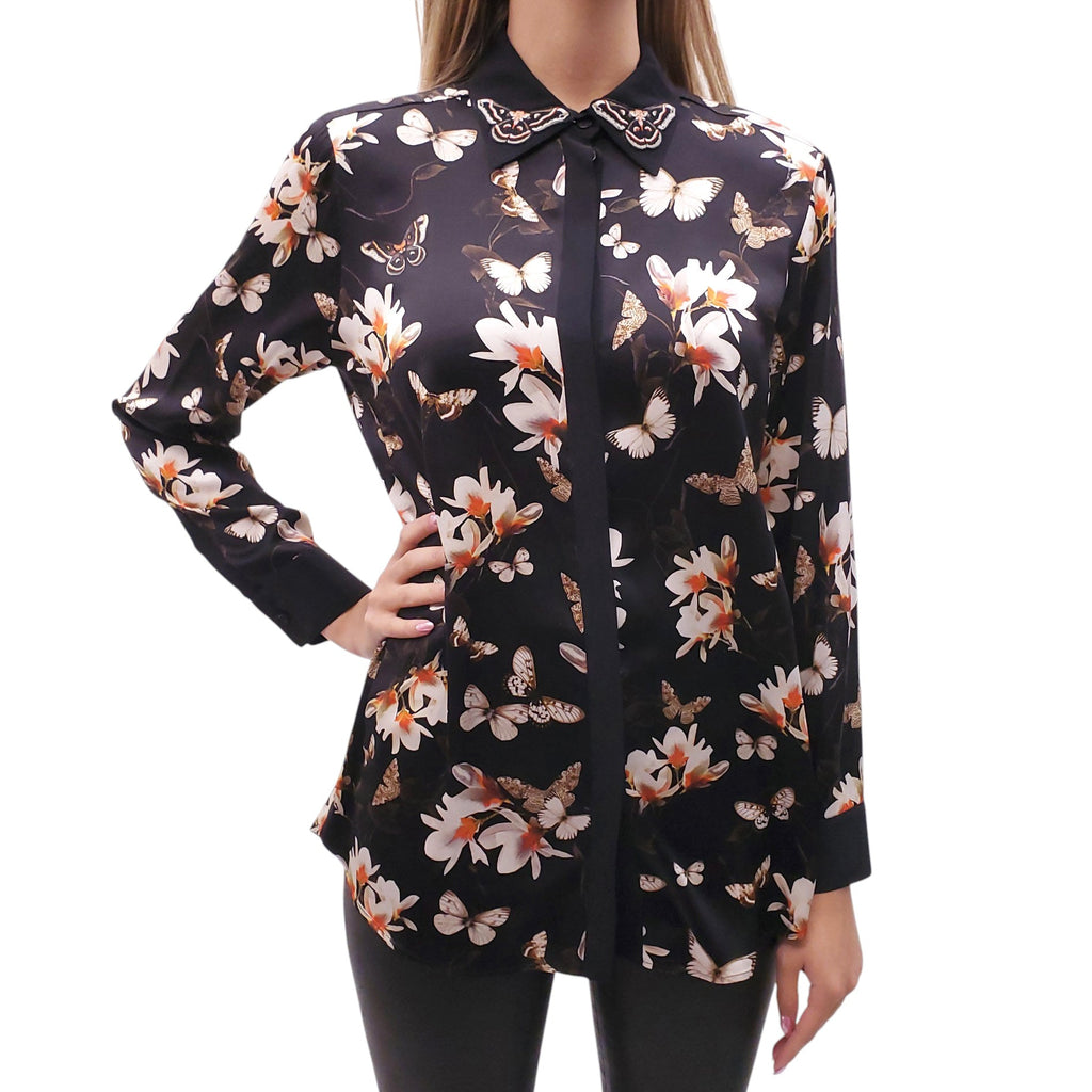 GIVENCHY BUTTERFLY PATTERNED FLORAL SILK BLOUSE - SIZE 40