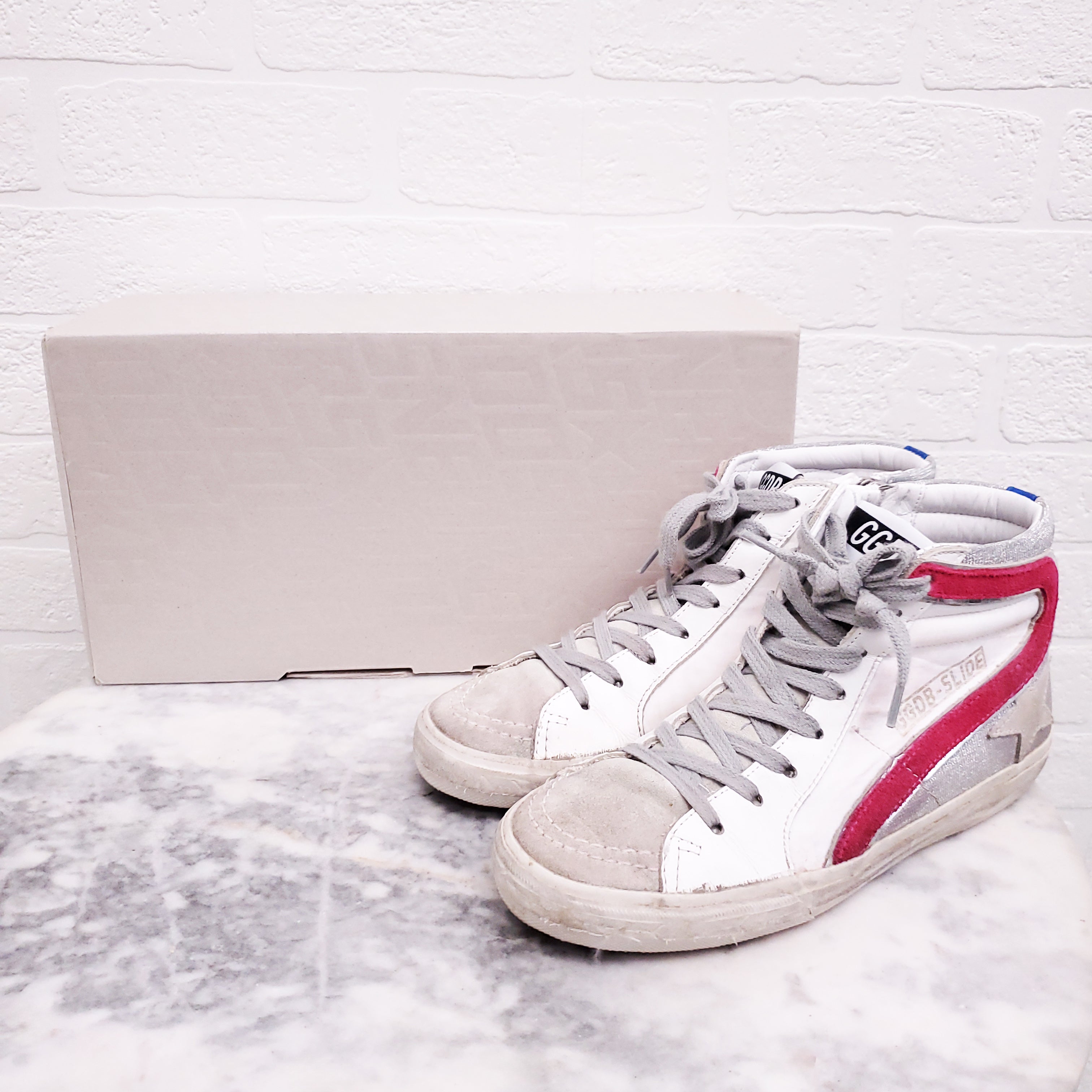 GOLDEN GOOSE WHITE AND PINK 'SLIDE' SNEAKERS - SIZE 36