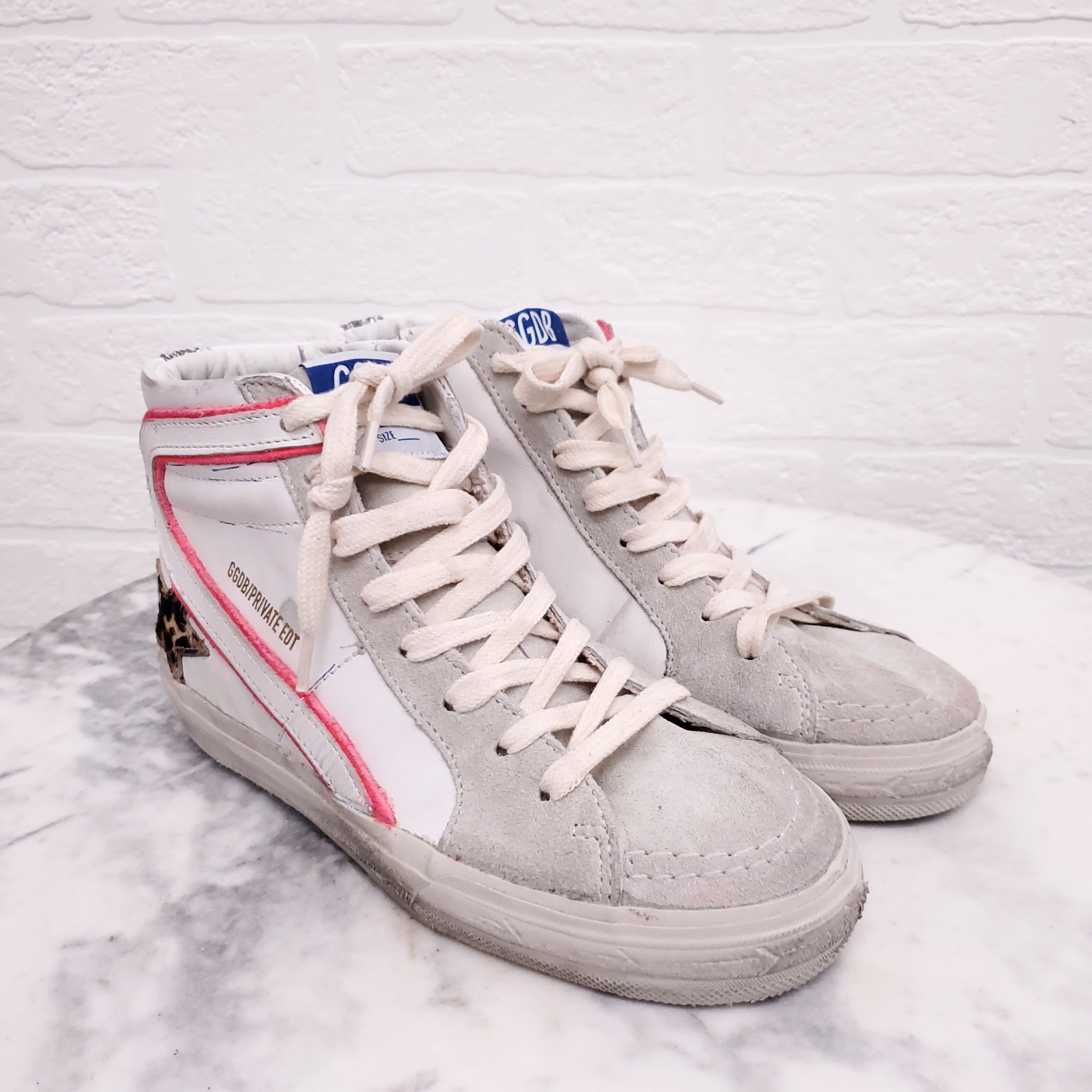 GOLDEN GOOSE WHITE 'SLIDE' SNEAKERS WITH SEQUIN AND LEOPARD DETAIL - SIZE 34