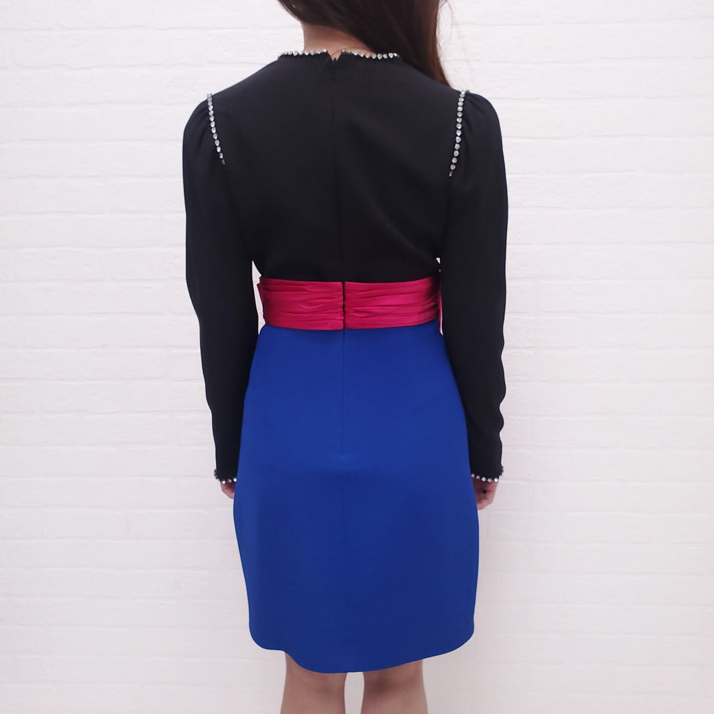 GUCCI BLACK AND BLUE DRESS WITH PINK BOW AND CRYSTAL DETAILS - SIZE 38