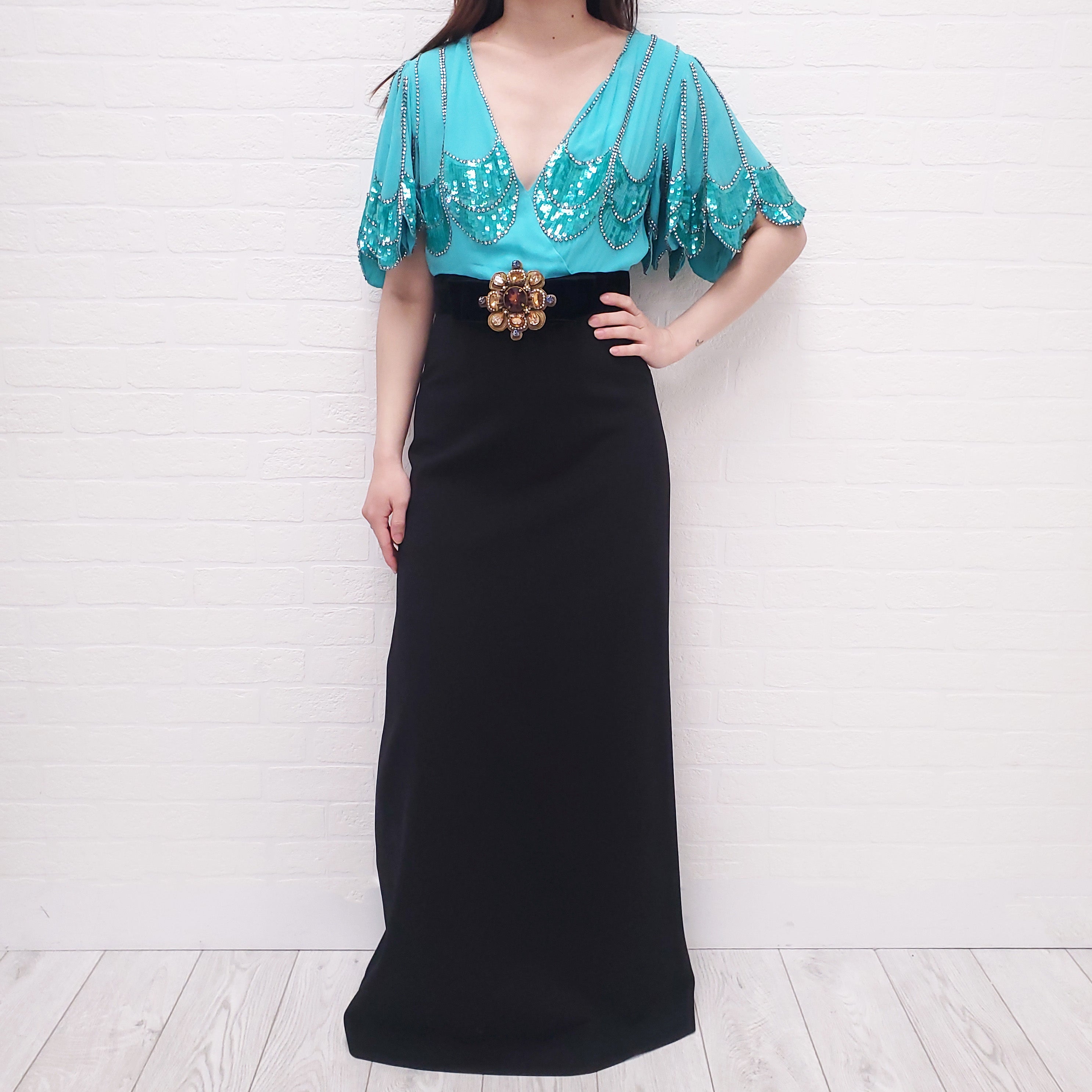 GUCCI BLACK AND TURQUOISE PETAL SLEEVE DEEP V-SEQUIN GOWN - SIZE S