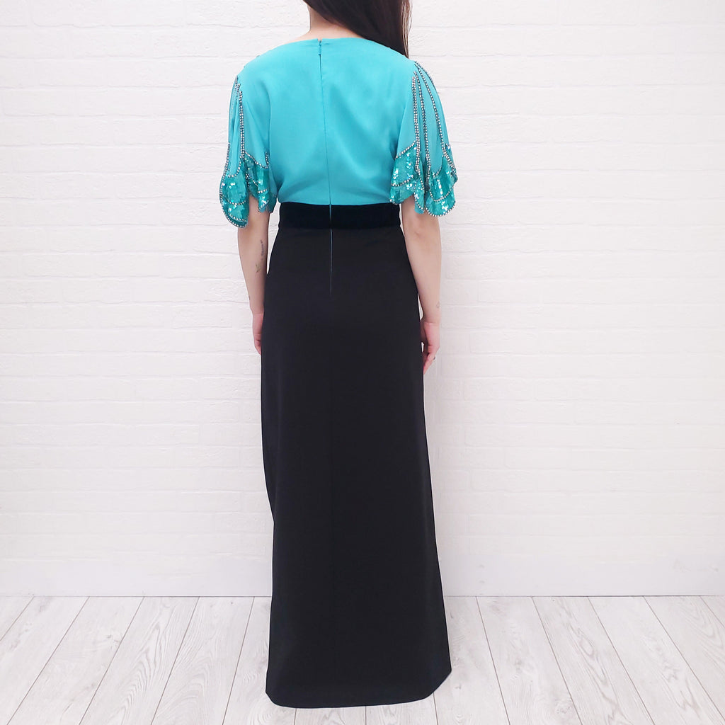 GUCCI BLACK AND TURQUOISE PETAL SLEEVE DEEP V-SEQUIN GOWN - SIZE S