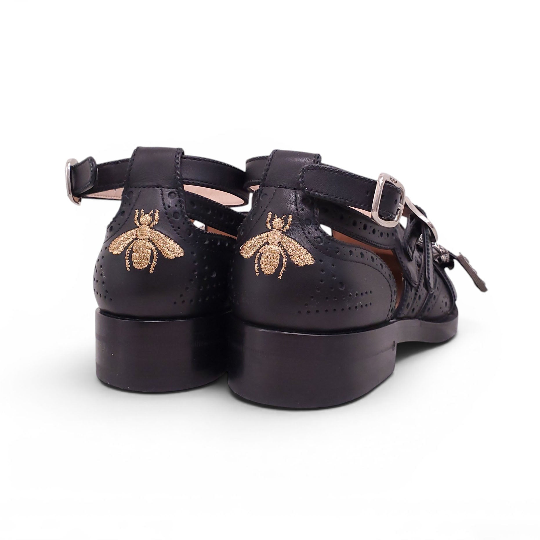 GUCCI BLACK BROGUE MONK FLATS - SIZE 38
