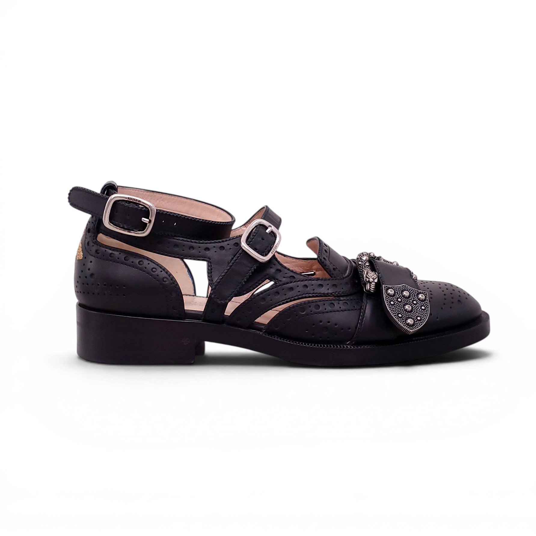GUCCI BLACK BROGUE MONK FLATS - SIZE 38